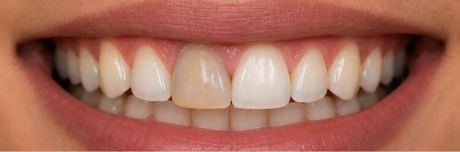 Before — single dark discoloured tooth